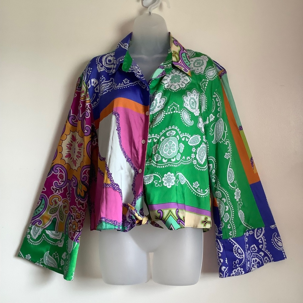 ZARA Womens Patchwork Scarf Print Satin Shirt Multi Color Paisley XL Crop Tie Fr - Picture 10 of 14